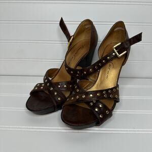 Kenneth Cole Brown Leather Studded Criss Cross‎ Heel Dress Sandals